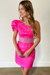 Fuchsia Homecoming Dresses Beaded One Shoulder Tight Short Cocktail Dresses