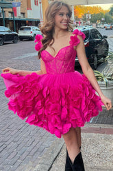 Fuchsia Homecoming Dresses Corset Floral Ruffled Short Cocktail Dresses with Lace