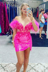 Fuchsia Homecoming Dresses Corset Sequin Tight Short Cocktail Dresses with Feathers