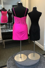 Fuchsia Homecoming Dresses Corset Spaghetti Straps Tight Short Cocktail Dresses with Lace