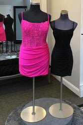 Fuchsia Homecoming Dresses Corset Spaghetti Straps Tight Short Cocktail Dresses with Lace