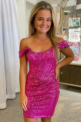 Fuchsia Homecoming Dresses Detachable Off the Shoulder Sequin Tight Prom Dress