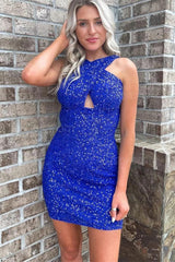 Fuchsia Homecoming Dresses Halter Sleeveless Sequined Prom Dress