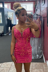 Fuchsia Homecoming Dresses Lace Up Back Tight Short Cocktail Dresses with Sequin