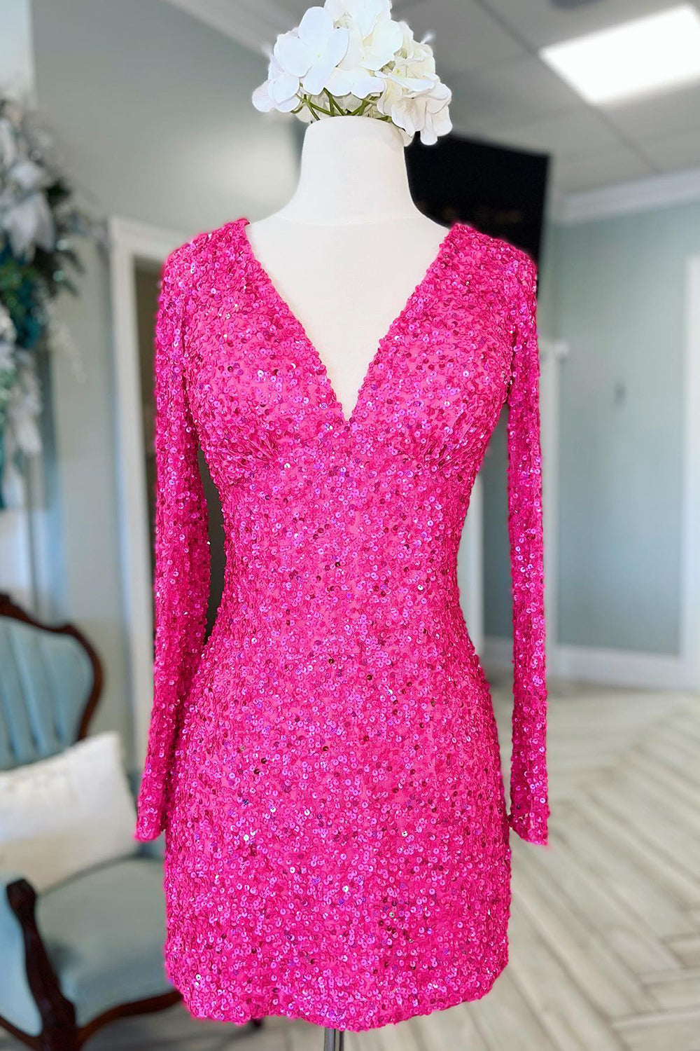 Fuchsia Homecoming Dress Long Sleeves Sequin Tight Short Prom Dress Suzhoufashion Fuchsia Homecoming Dress Long Sleeves Sequin Tight Short Prom Dress Suzhoufashion