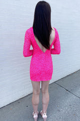 Fuchsia Homecoming Dresses Long Sleeves Tight Short Sequin Prom Dress