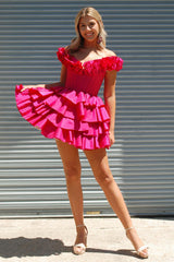 Fuchsia Homecoming Dresses Off The Shoulder Corset Short Cocktail Dresses With Ruffles