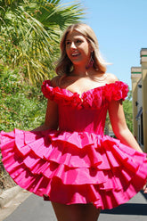 Fuchsia Homecoming Dresses Off The Shoulder Corset Short Cocktail Dresses With Ruffles
