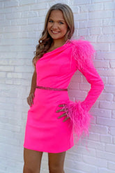 Fuchsia Homecoming Dresses One Shoulder Sequined Tight Short Cocktail Dresses with Feathers