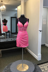 Fuchsia Homecoming Dresses Open Back Corset Tight Short Sequin Prom Dress