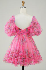 Fuchsia Homecoming Dresses Puff Sleeves A-Line Floral Short Cocktail Dresses with Ruffles