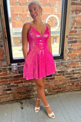 Fuchsia Homecoming Dresses Sequin A Line Short Cocktail Dresses