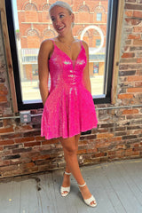 Fuchsia Homecoming Dresses Sequin A Line Short Cocktail Dresses