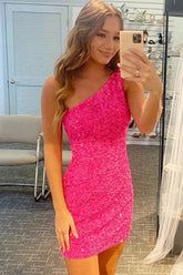 Fuchsia Homecoming Dresses Sequin One Shoulder Prom Dress