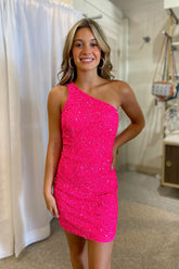 Fuchsia Homecoming Dresses Sequin One Shoulder Sleeveless Tight Short Cocktail Dresses