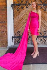 Fuchsia Homecoming Dresses Sequin One Shoulder Watteau Train Tight Prom Dress