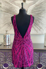 Fuchsia Homecoming Dresses Sequined Backless Tight Short Cocktail Dresses