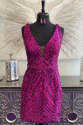 Fuchsia Homecoming Dresses Sequined Backless Tight Short Cocktail Dresses