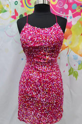Fuchsia Homecoming Dresses Sequined Spaghetti Straps Tight Short Cocktail Dresses