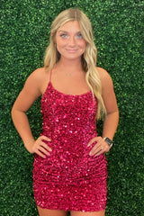 Fuchsia Homecoming Dresses Sleeveless Sequin Tight Short Cocktail Dresses