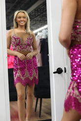 Fuchsia Homecoming Dresses Spaghetti Straps Bodycon Short Cocktail Dresses with Fringe