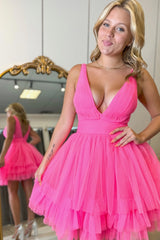 Fuchsia Homecoming Dresses V-Neck Tulle A-Line Short Cocktail Dresses