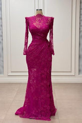 Fuchsia Mermaid Prom Dress High Neck Sleeves Lace Floor Length Simple Formal Dress