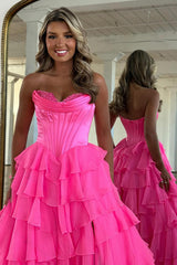 Fuchsia Prom Dress A Line Chiffon Sweetheart Ruffled Long Formal Dress With Slit