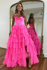 Fuchsia Prom Dress A Line Chiffon Sweetheart Ruffled Long Formal Dress With Slit