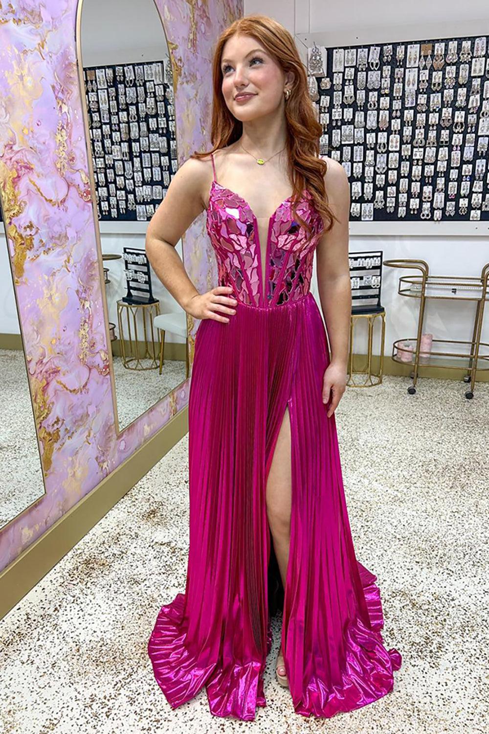 Fuchsia Prom Dress A Line Pleated Mirror Long Formal Dress With Slit
