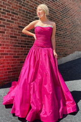 Fuchsia Prom Dress A Line Ruched Beaded Satin Formal Dress