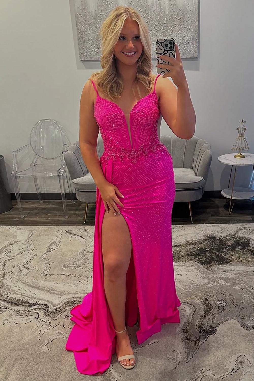Fuchsia Prom Dress Beaded Spaghetti Straps Formal Dress With Slit