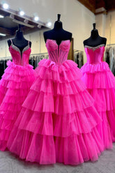 Fuchsia Prom Dress Corset Ruffled A-Line Long Formal Dress With Lace