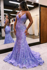 Fuchsia Prom Dress Mermaid Sequins Long Backless Formal Dress