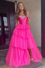 Fuchsia Prom Dress Off The Shoulder A-Line Tiered Long Formal Dress With Slit