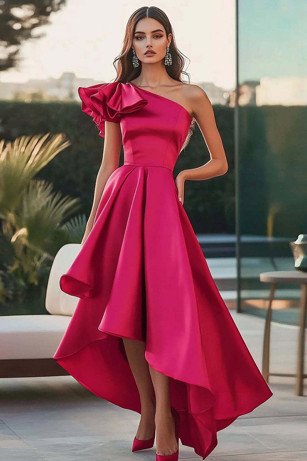 Suzhoufashion Fuchsia Prom Dress Satin One Shoulder High-Low Ruffled A Line Formal Dress Suzhoufashion Fuchsia Prom Dress Satin One Shoulder High-Low Ruffled A Line Formal Dress