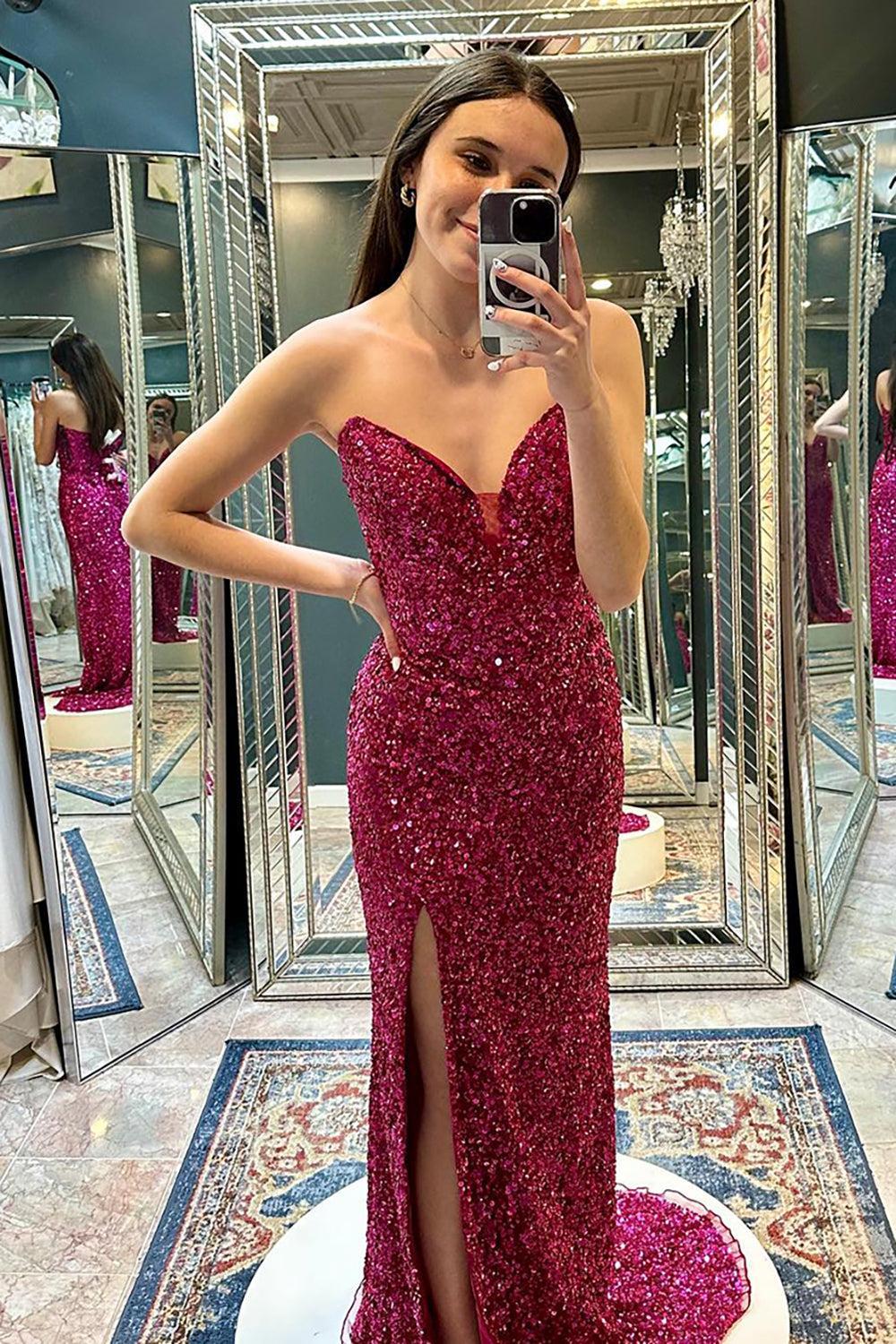 Fuchsia Prom Dress Sequined Mermaid Strapless Long Formal Dress With Slit