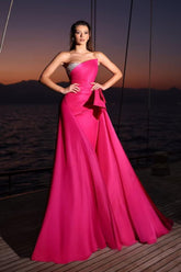 Fuchsia Prom Dress Sleeveless Strapless Long Evening Formal Dress With Pleated Beading