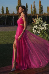 Fuchsia Prom Dress Spaghetti Strap Sleeveless A Line Evening Formal Dress Tulle With Front Split
