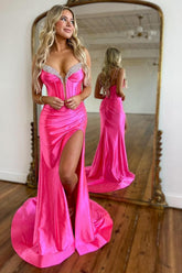 Fuchsia Prom Dress Spaghetti Straps Mermaid Corset Formal Dress With Slit