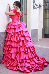 Fuchsia Prom Dress Tiered A-Line Off The Shoulder Long Formal Dress With Slit