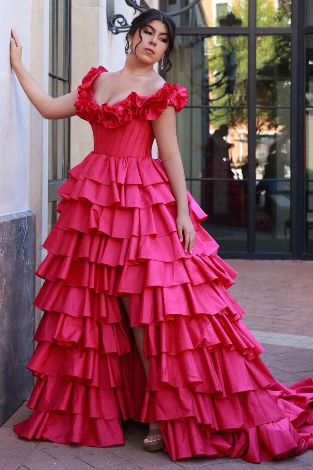 Suzhoufashion Fuchsia Prom Dress Tiered A-Line Off The Shoulder Long Formal Dress With Slit suzhoufashion Suzhoufashion Fuchsia Prom Dress Tiered A-Line Off The Shoulder Long Formal Dress With Slit suzhoufashion