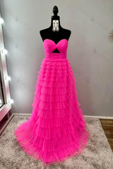 Fuchsia Prom Dress Tiered A-Line Sweetheart Hollow Out Long Formal Dress