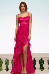 Suzhoufashion Fuchsia Satin Sheath Spaghetti Straps Long Prom Dress With Ruffles