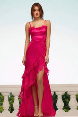Suzhoufashion Fuchsia Satin Sheath Spaghetti Straps Long Prom Dress With Ruffles