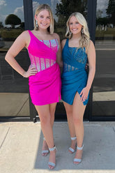 Fuchsia Satin Tight Homecoming Dresses Beaded Short Corset Cocktail Dresses With Slit