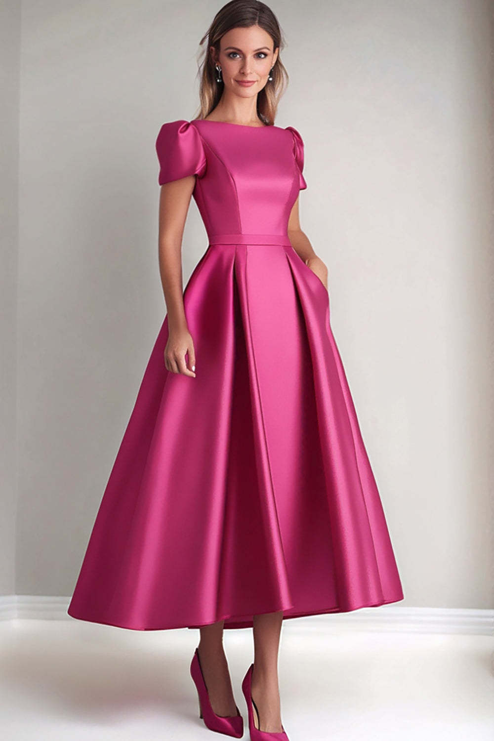 Suzhoufashion Fuchsia Wedding Guest Dress A Line Satin Formal Dress With Puff Sleeves Suzhoufashion Fuchsia Wedding Guest Dress A Line Satin Formal Dress With Puff Sleeves