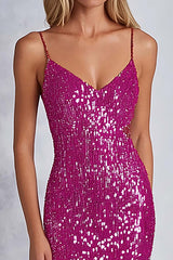 Fuchsia Wedding Guest Dress Sheath Sequins Long Formal Dress