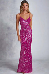 Fuchsia Wedding Guest Dress Sheath Sequins Long Formal Dress