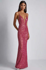 Fuchsia Wedding Guest Dress Sheath Spaghetti Straps Long Formal Dress
